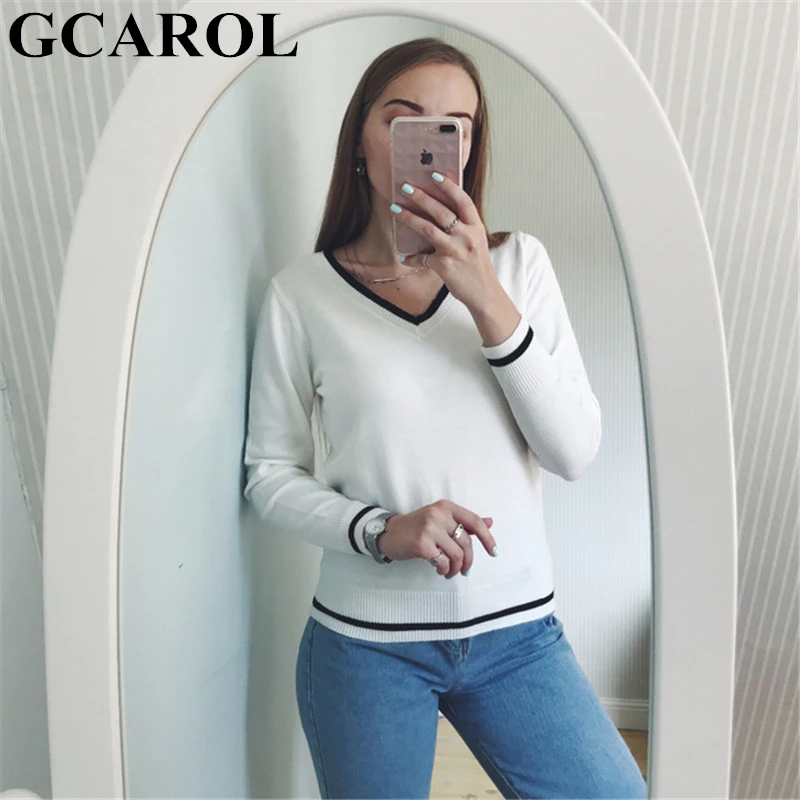 Женский джемпер в офисном стиле GCAROL, элегантный эластичный вязаный свитер из 30%-ной шерсти с V-образным вырезом на осень и зиму