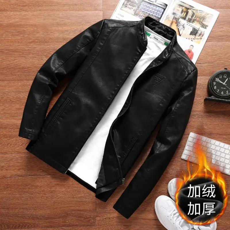 

Winter New Style Stand Collar Locomotive Men plus Velvet Plus-sized Thick PU Leather Coat Slim Fit Leather Jacket Casual Men'S W