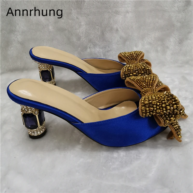 

Top Quality Crystal Butterfly-knot Lazyman Mules Luxury Satin Open Toe Jeweled Rhinestone Heel Slip-on Slippers Women