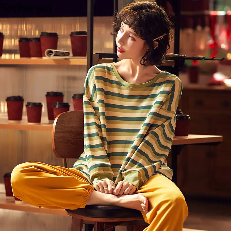 Long Sleeved Striped Pajama Sets Women Loose Spring Autumn Home Sleepwear Comfort Daily Outwear Hot Sale Simple Pyjamas Lounge | Женская
