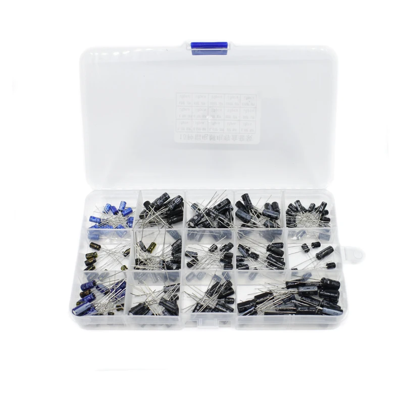 Kit de sortimento de capacitores eletrolíticos, 15 valores, 10V, 16V, 25V, 50V, 0, 1uF-220uF, 0,22 uf, 2,2 uf, 100uf, 200pcs por lote