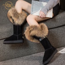 RY-RELAA зимние сапоги г. Модные женские сапоги из натуральной кожи на платформе женские сапоги из воловьей кожи сапоги с мехом лисы сапоги до колена