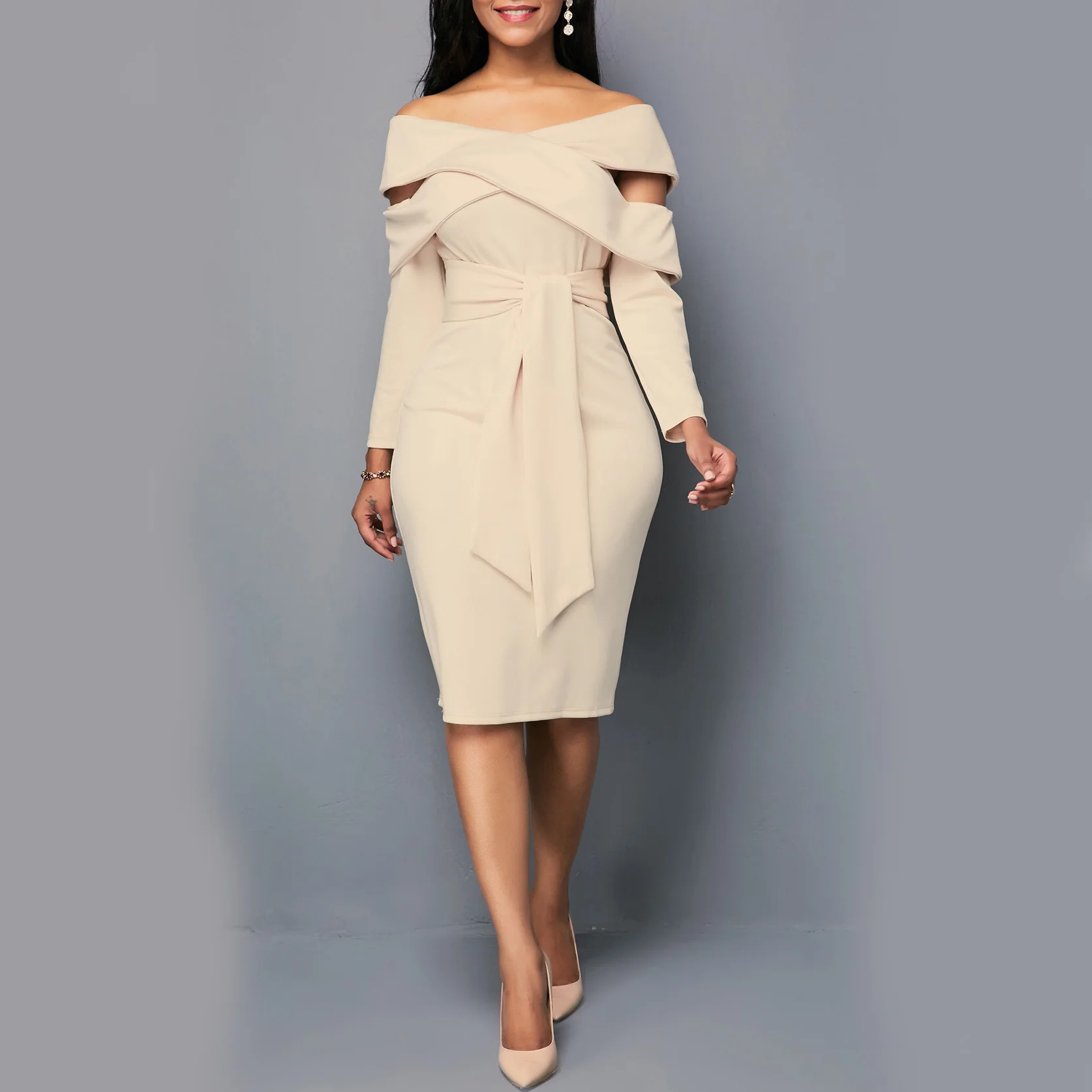 

Women Off The Shoulder Elegant Dresses Long Sleeve Bodycon Fashion Spring Autumn Dress Sashes Plain Slim Party Work Office Dress