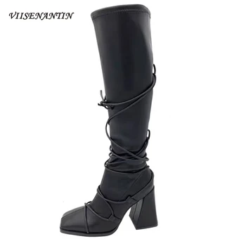 

Knee-High Square Toe Thick Super High Heel Autumn Winter Boots Women Narrow Band Strappy Shoes Women Fashion Zapatos De Mujer