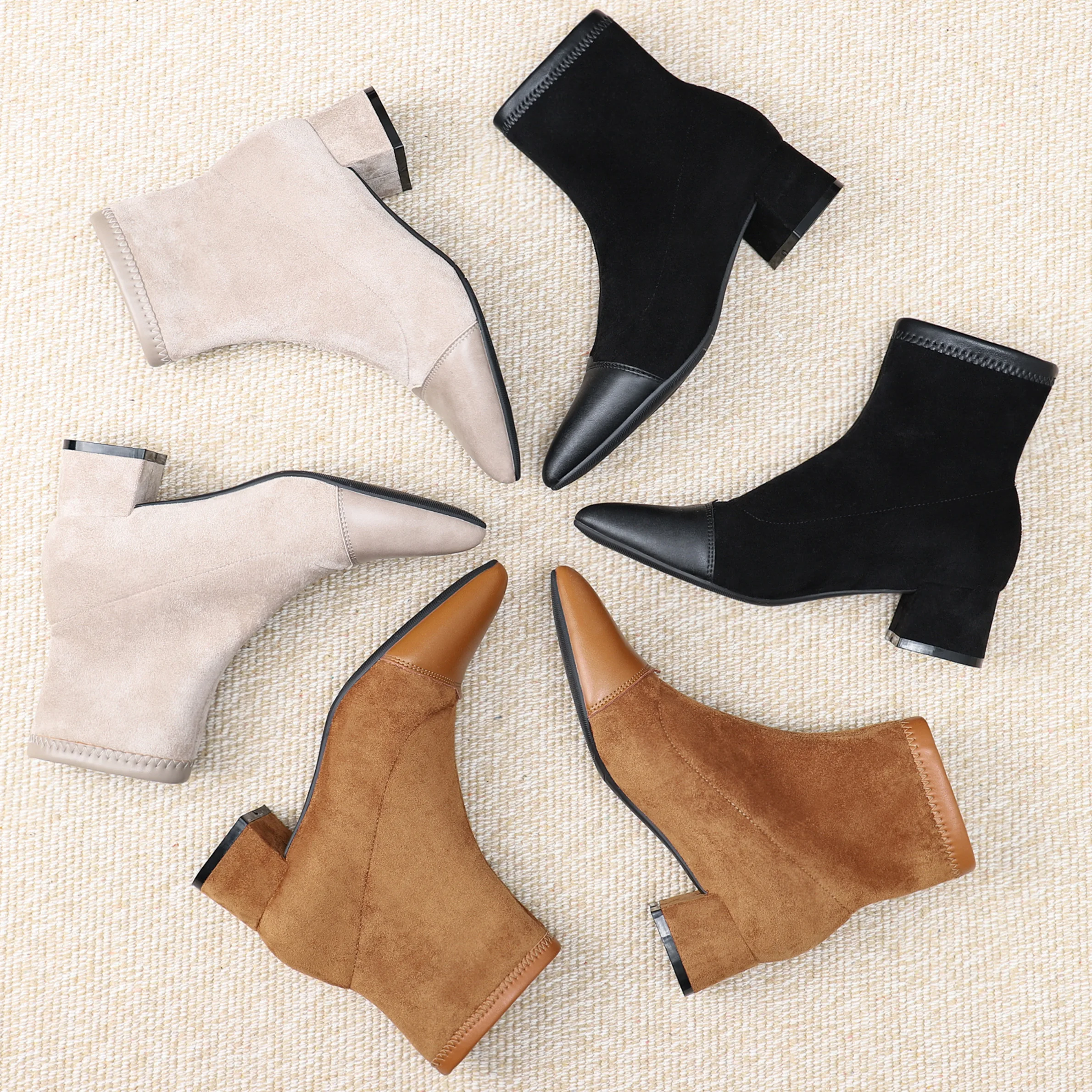 

2019 Winter Woman Boots Pointed Toe Square Med High Heels 4.5cm Solid Flock Slip On Women's Ankle Rubber Sole Snow Martin Boots