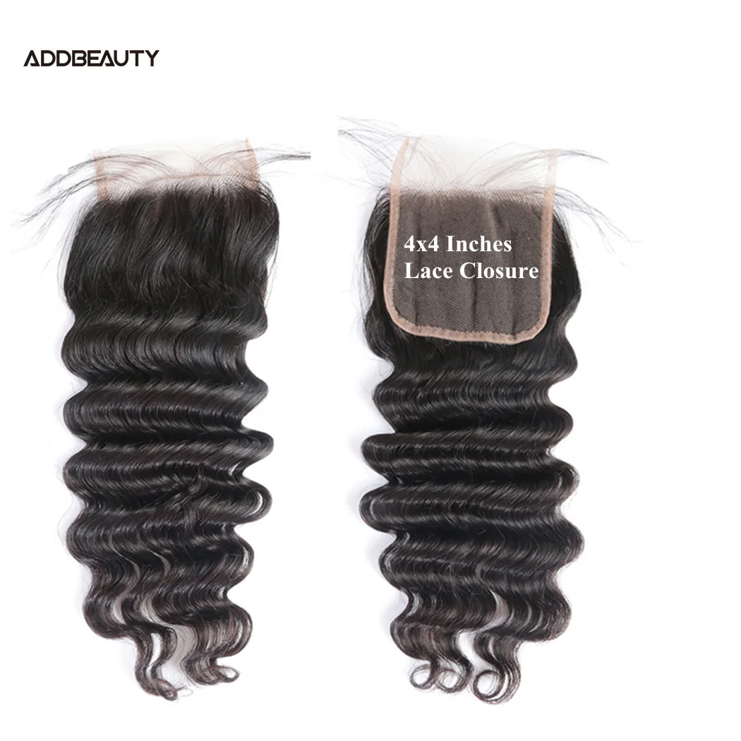 Добавить красивые волосы закрытия Свободные глубокие кружева человеческие 4x4