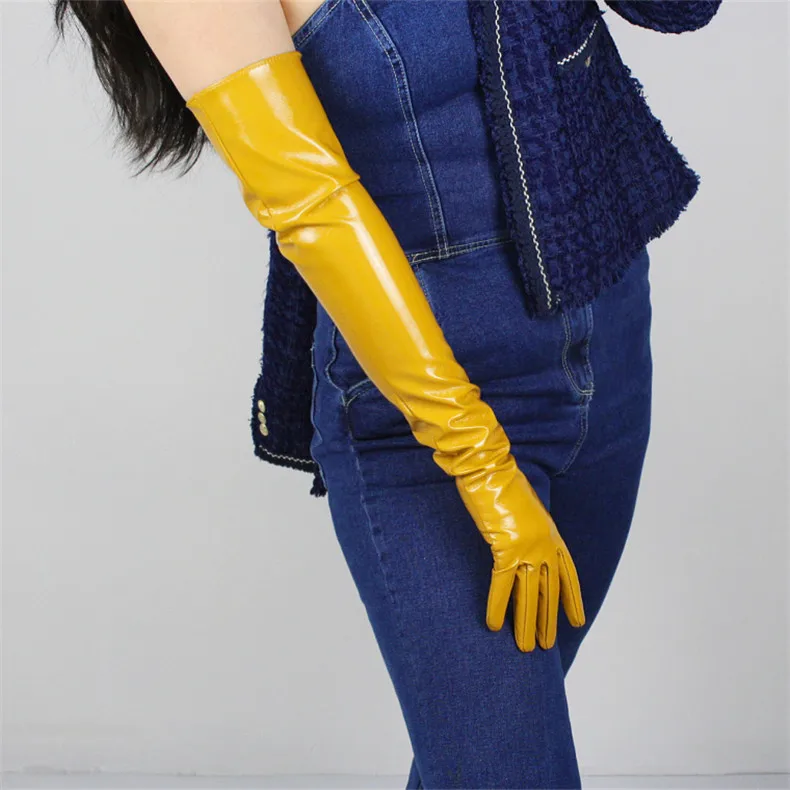 Новинка 2019 г. коричневые лакированные кожаные женские перчатки выше локтя искусственная кожа Имитация Натуральная кожа женские перчатки 60
