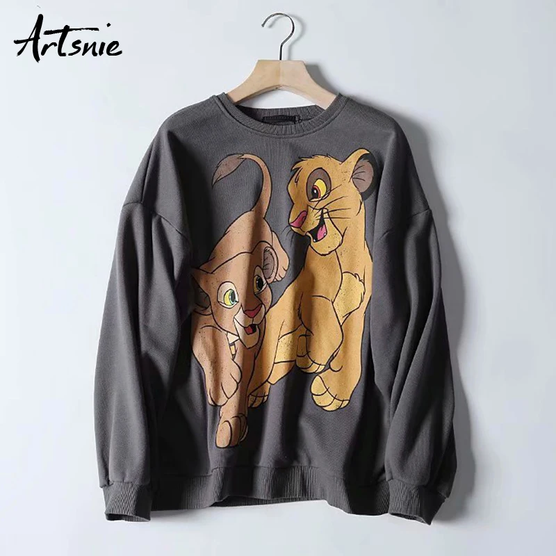 

Artsnie gray casual cartoon women sweatshirt autumn 2019 o neck long sleeve oversized hoodies knitted streetwear sweatshirts