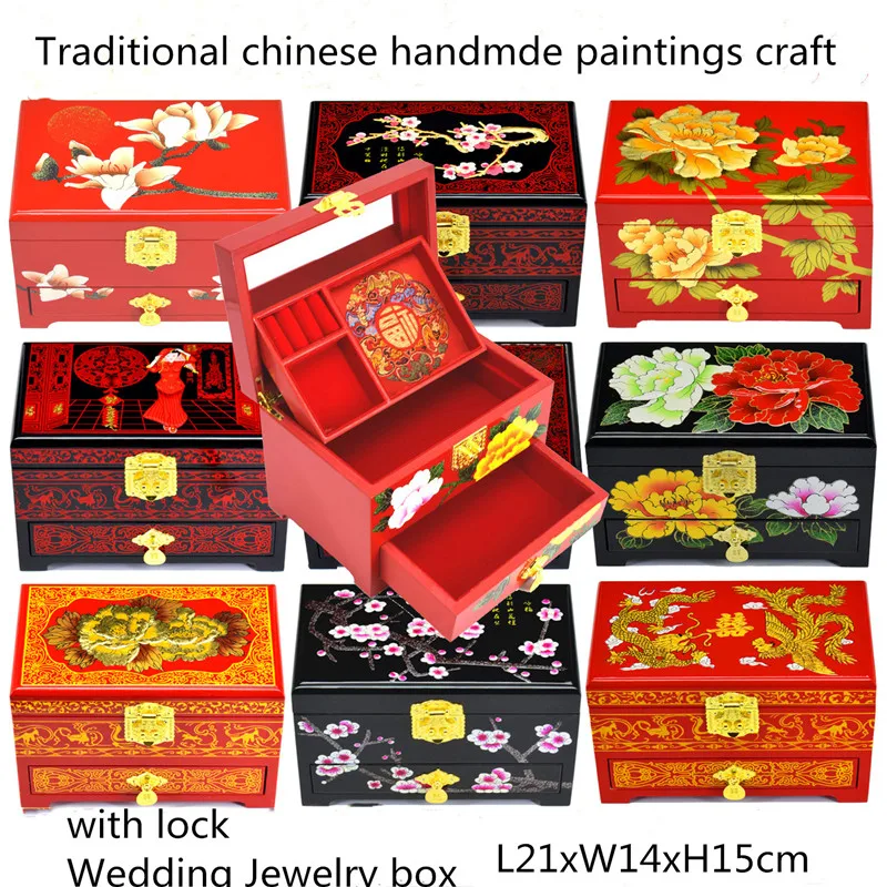 

Lacquerware Chinese Wooden Box with lock Decoration Storage 3 layer Wedding Jewelry box drawer pull Makeup Watch Case Gift