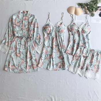 

Women Satin 5PCS Pajamas Set Intimate Lingerie Silky Lace Patchwork Kimono Bathrobe Gown Nighty&Robe Sexy Sleepwear Nightdress