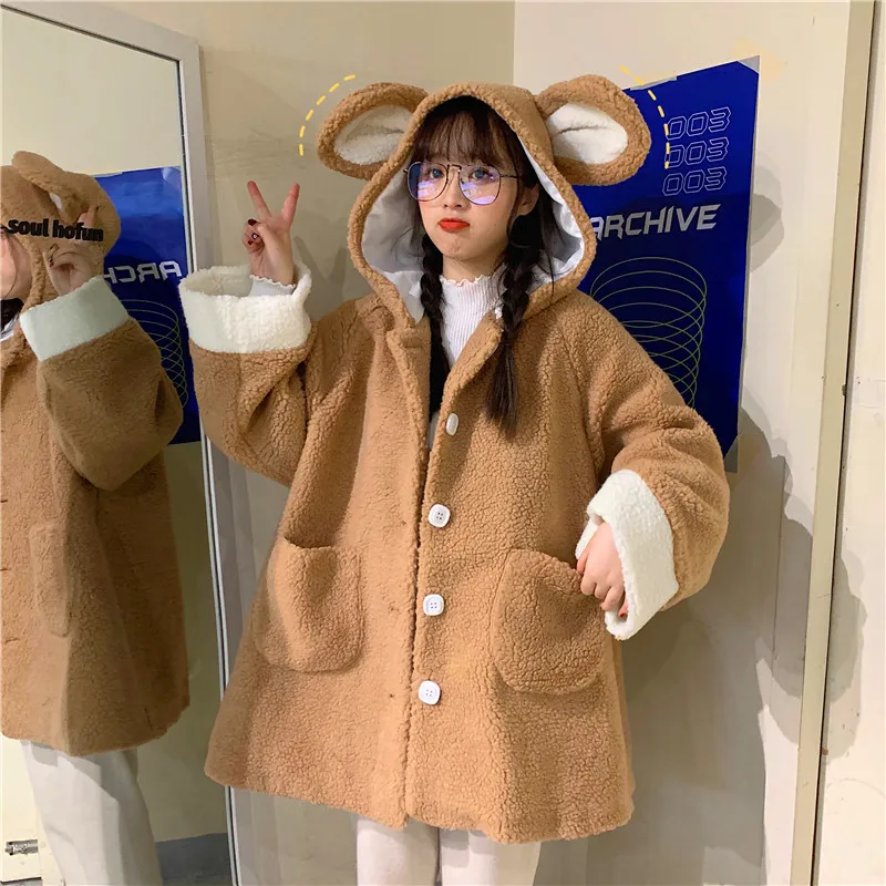 Элегантный Искусственный мех Kawaii плюшевый мишка пальто для женщин зимние теплые мягкие кнопки для меха флисовая куртка с капюшоном карман милые уши плюшевое пальто