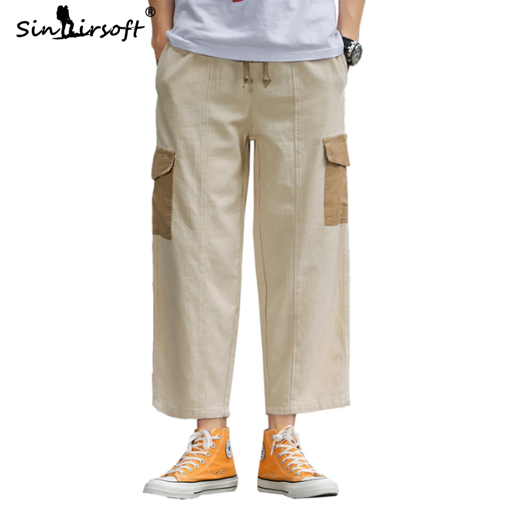 

Side Big Pockets Mens Cargo Pants Loose Drawstring Waist Ankle-length Wide Leg Pants Male Autumn Spliced Autumn Fashion Trousers