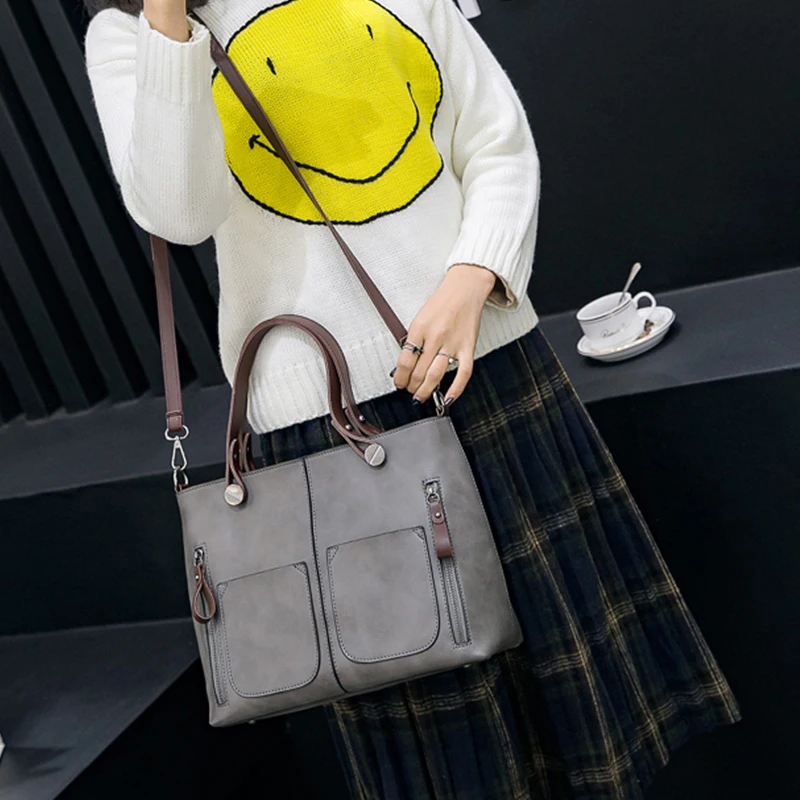 

Retro Oil Leather Women Handbags Tassel Patchwork Bucket Handbag Daily Purse New Washed Pu Women Handbags Motorcycle Grey Purple