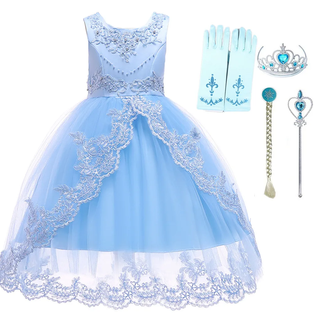5pcs-Light blue Платье Эльзы для девочек; новые костюмы Снежной Королевы; костюмы на Хэллоуин для женщин; Детские платья для костюмированной вечеринки; Летние свадебные платья; Vestidos - Цвет: 5pcs-Light blue