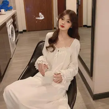 

Women Sweet Princess Sleepwear V-neck Nightdress Lace Fashion Loose Sexy Nightwear Soft Cotton Nightgowns Female Spring Homewear