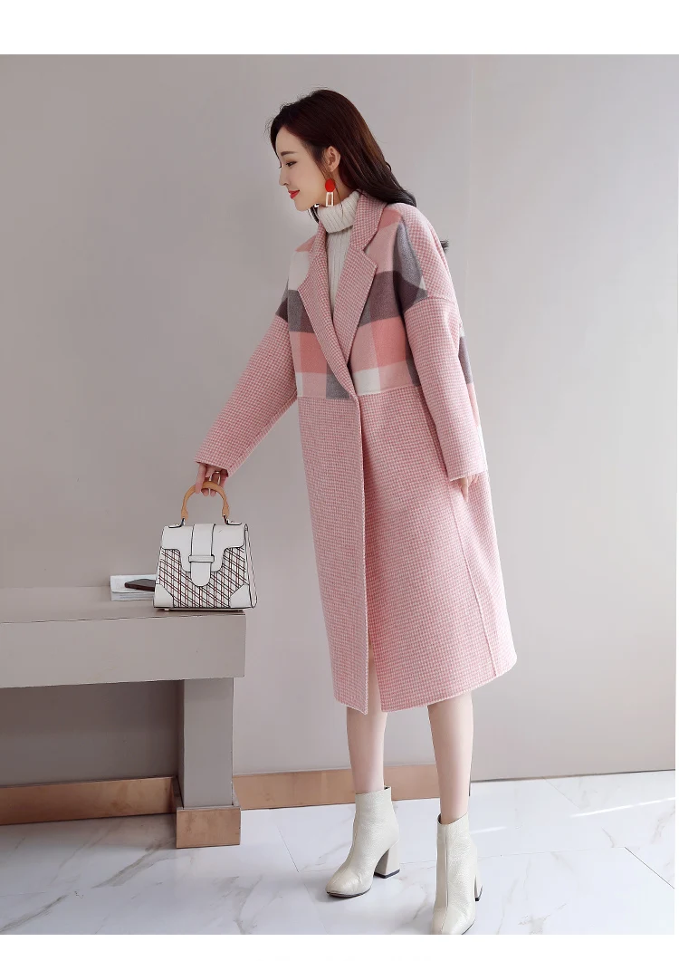 Woolen Jacket Women's Mid-length Korean-style New Style Popular Plaid Stitching Elegant Woolen Overcoat Autumn And Winter F