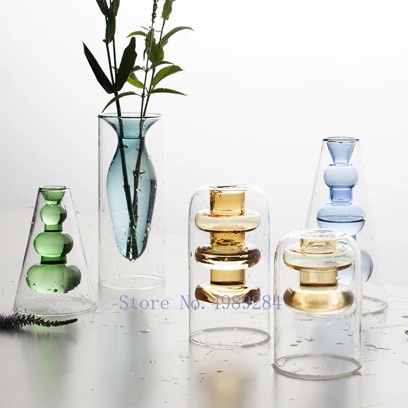 

Nordic Creative glass vase Hydroponics Hollow color Transparent Flower vase Flower arrangement modern Living room decoration