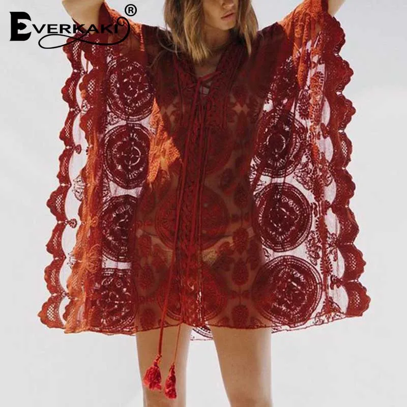 Everkaki Boho кружевное мини платье для женщин с кисточками Прозрачные Пляжные свободные платья Свободное платье верхняя одежда женская Лето Осень новинка