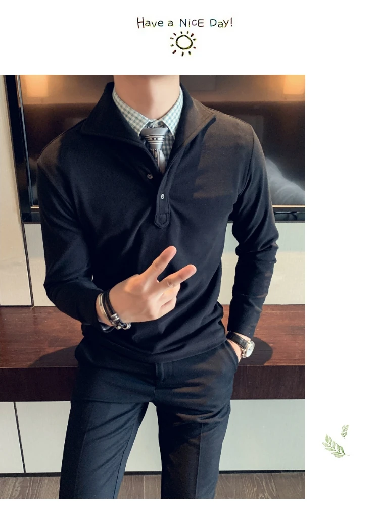 Высокое качество мужские футболки мода толстая осень зима с длинным рукавом мужская Повседневная футболка Slim Fit отложной воротник теплые футболки