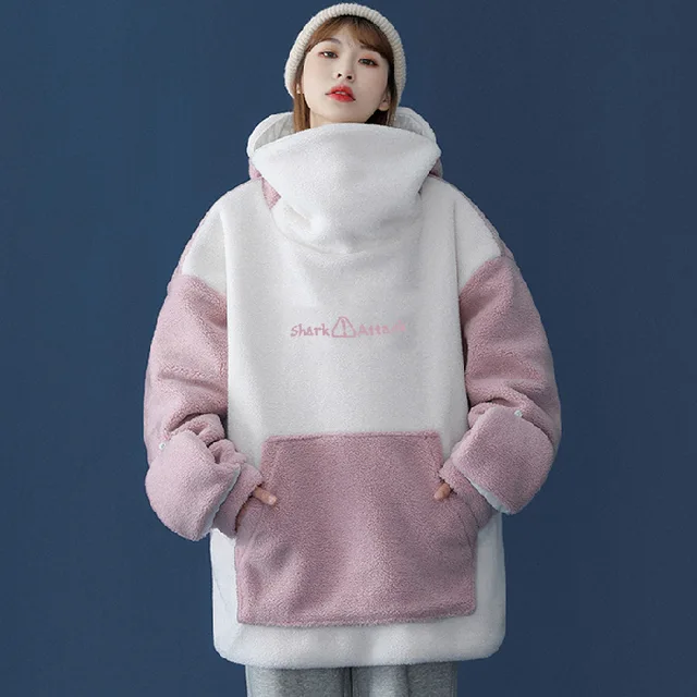 Christmas 2022 Oversized Hoodie Couple Outfit Lambswool Oversized Jacket Women Loose and Funny Clothes for Girl Kpop Warm Hoodie Pink