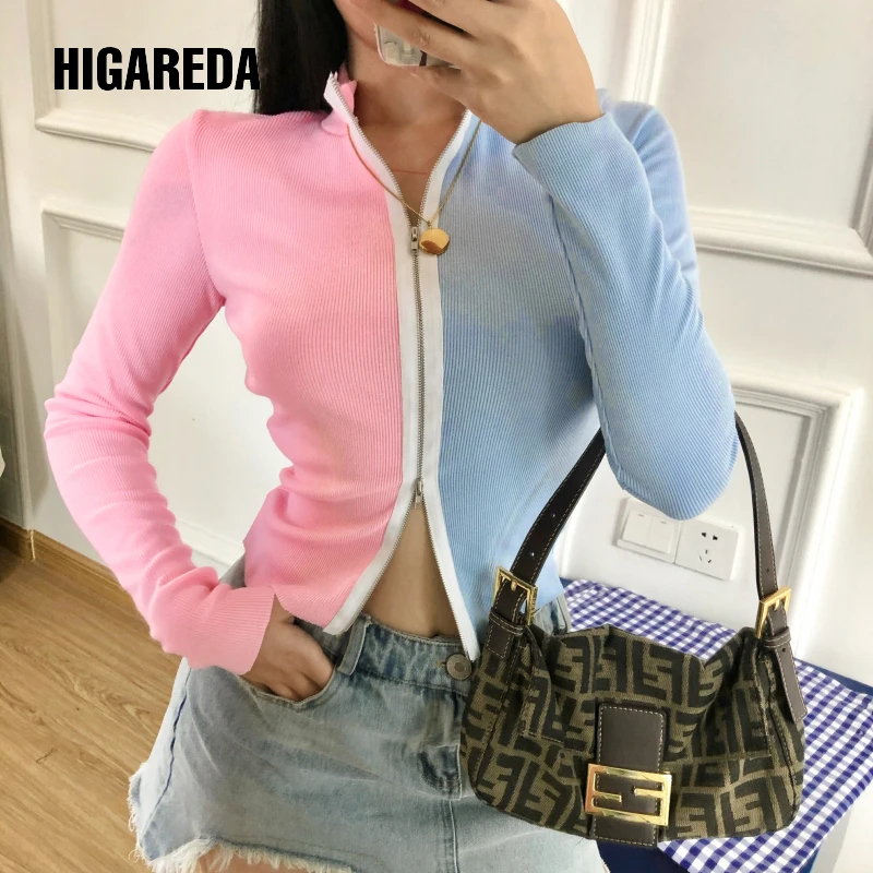 

2020 Long Sleeve Patchwork Zip Up Cardigan Crop Top Autumn Women Fashion Streetwear Outfits Tshirts Y2K Tees