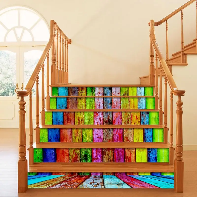 

6pcs 3D Imitation Wood Board Staircase Rainbow Stair Sticker Riser Floor Sticker Self Adhesive DIY Stairway Waterproof PVC Decor