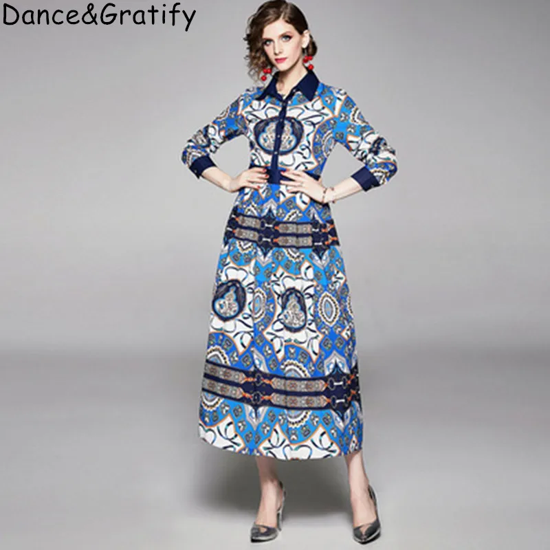 

Fashion Designer Runway Dress 2019 Autumn Women Long Sleeve Turn-Down Collar Vintage Print Slim Elegant Maxi Long Shirt Dress