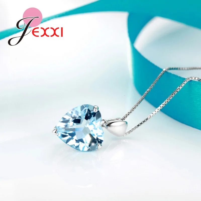 Pendant necklace Elegant Luxury Blue Crystal Rhinestone Heart Pendant Necklace Women AAA Zircon 925 Sterling Silver Birthday Wedding Jewelry