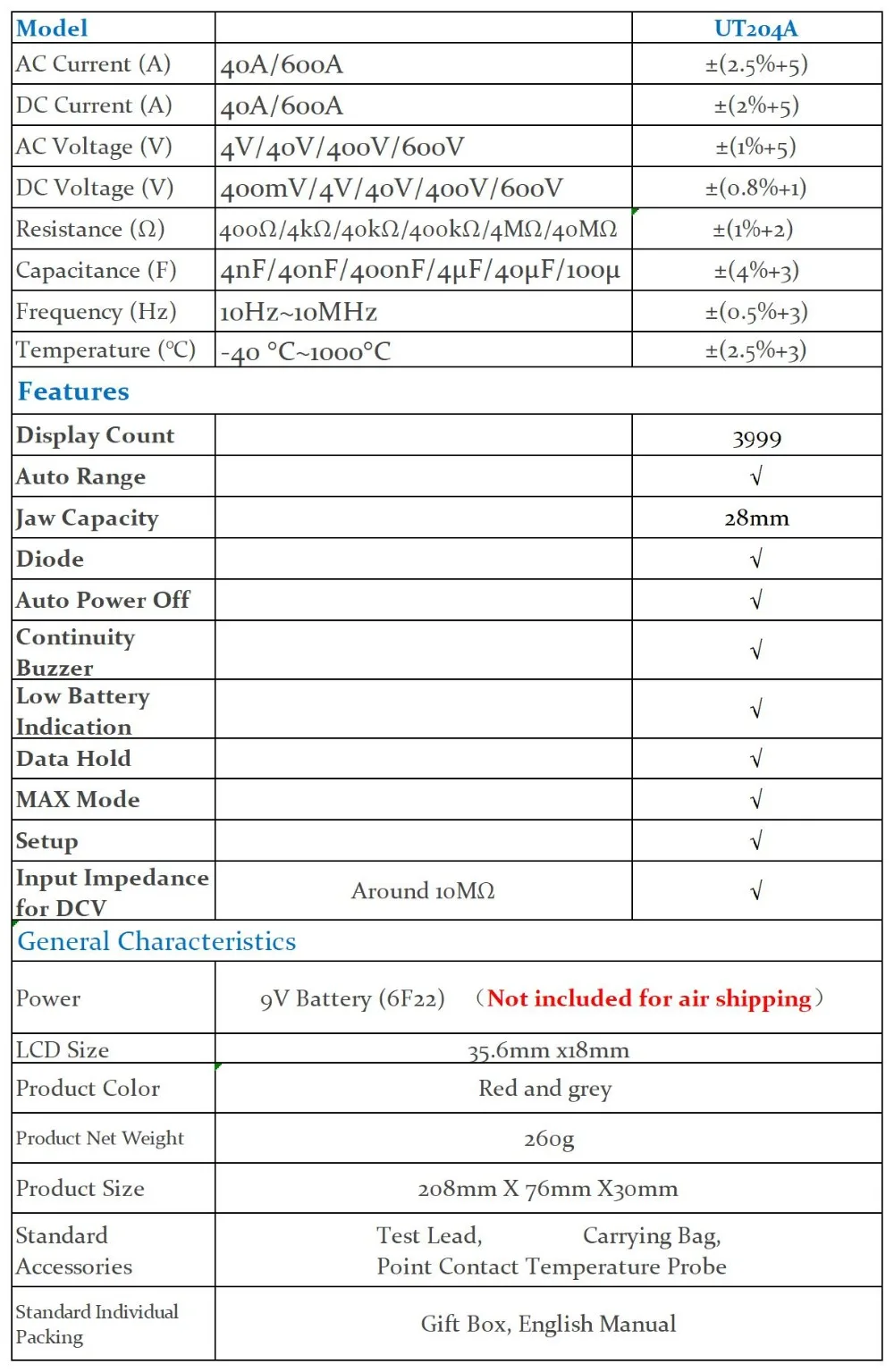 Uni-T UT204A Digital clamp meter specification-2