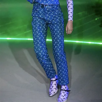 

Streetwear High Waist Jeans Women Printed Moon Pattern Blue Washed Stitching Straight Ankle-length Jeans Woman Pants Jean Femme