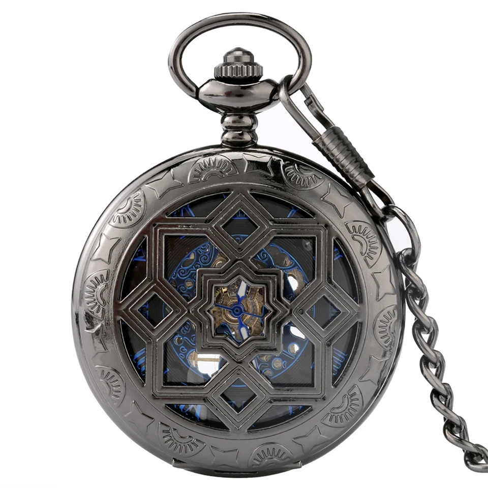 

Multilateral Rhombus Hollow Flowers Case Hand Winding Mechanical Pocket Watch Retro Blue Skeleton Dial FOB Chain Luxury reloj