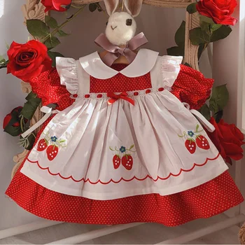 

Spanish lolita baby Girls Summer Vintage Red Strawberry Princess ball gown Dress for kids Cotton