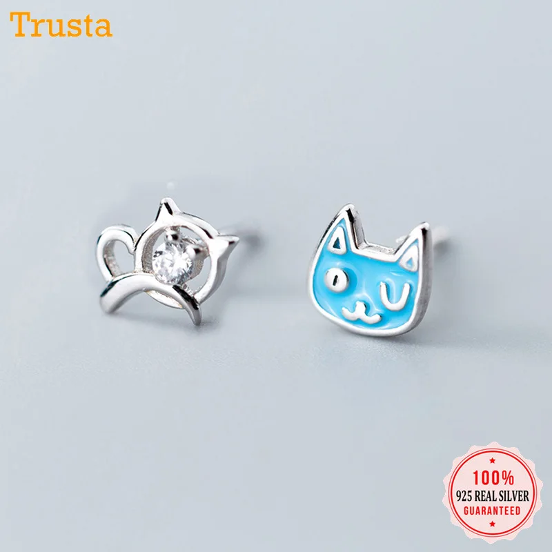 Trustdavis 100% 925 Solid Real Sterling Silver Women Fashion Asymmetric Cute Cat CZ Stud Earrings Daughter Girls Xmas Gift DA76 | Украшения