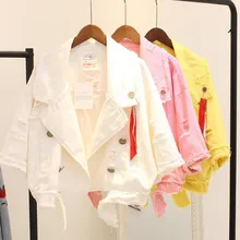 Новая весенняя женская однотонная джинсовая куртка с рукавами «летучая мышь» с лентами, Женская Студенческая джинсовая куртка ярких цветов, повседневная верхняя одежда