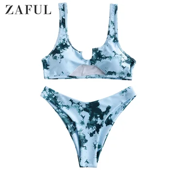 

ZAFUL V-Notch Cutout Tie Dye Bikini Swimsuit Ink Print Bikinis Set Scoop Collar High Cut Women's Sexy Swimwears 2020