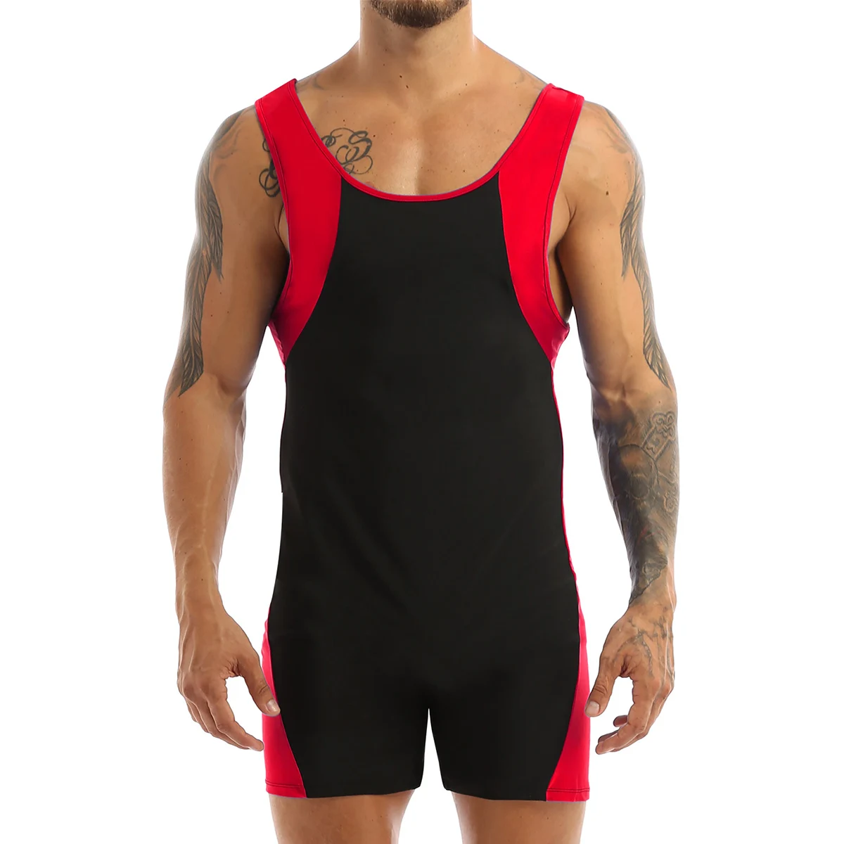 Jumpsuit Bodysuits Mens Fashion Shorty Unitard Fitness Sports Sleeveless One-Piece-Wrestling-Singlet