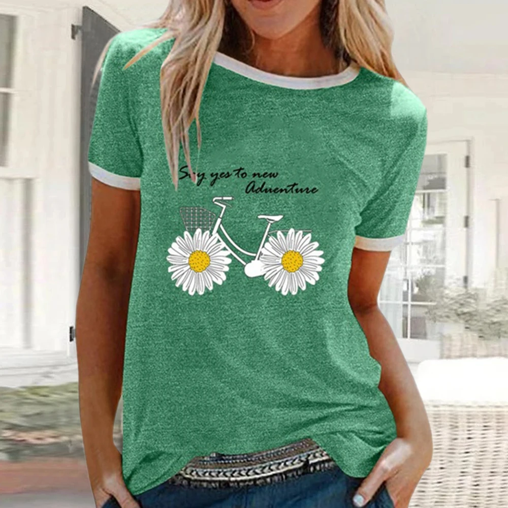 CYSINCOS Women Flower T-shirts Lady Fashion Short Sleeve Clothes Summer Shirt Top Tee O Neck Female Ladies Womens Tee T-Shirt