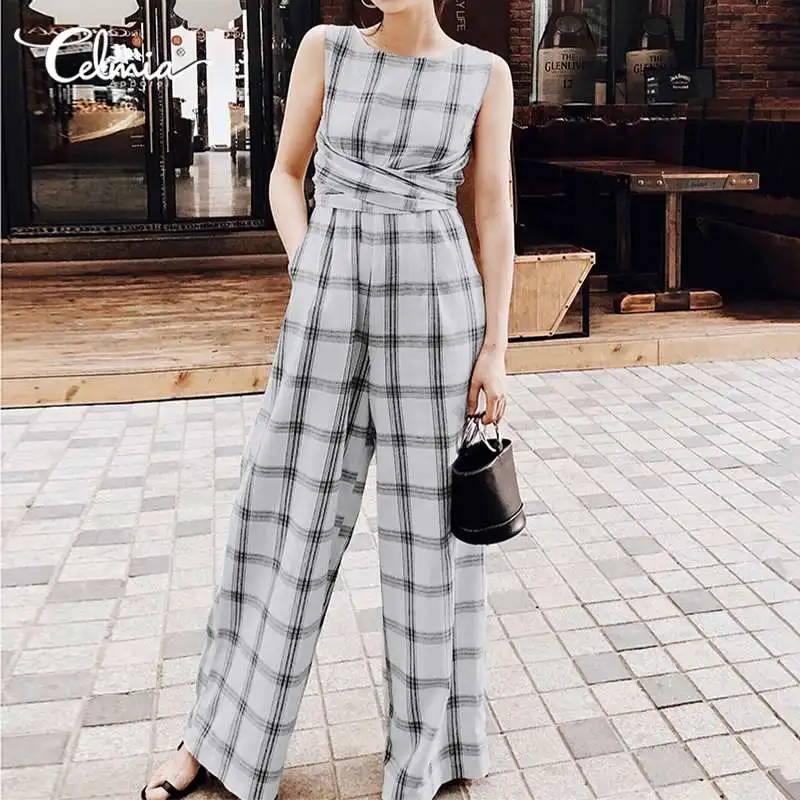 Rompers Womens Jumpsuit Celmia 2020 Summer Sleeveless Elegant OL Plaid Playsuits Casual Wide Leg Pants Belted Grid Print Overall Rompers Womens Jumpsuit Celmia 2020 Summer Sleeveless Elegant OL Plaid Playsuits Casual Wide Leg Pants Belted Grid Print Overall