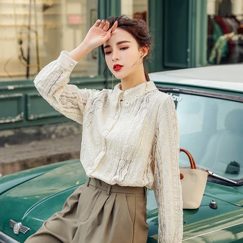 

Spring 2020 Long Sleeve Lace Shirt Women Turn Down Collar Korean Fashion OL Work Blouse Elegant Blouses and Tops