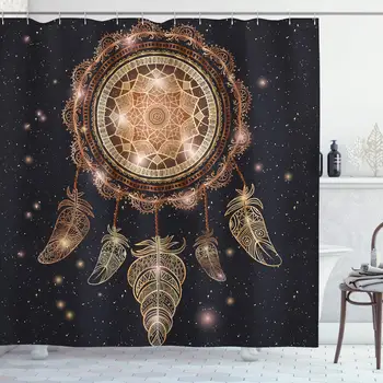 

Mandala Shower Curtain Dreamcatcher Motif Magic Feathers Hippie Design on Starry Backdrop Bathroom Decor Set