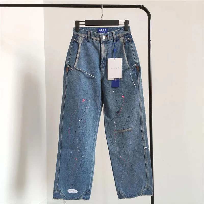 

AderError Little Devil Series Jeans Men Women High Quality Denim Pants AderError Classic Washed Manual Splash Ink Jeans
