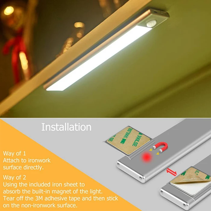 Sensor de Movimento Recarregável sob a Luz do Armário para Guarda-roupa Noturna Sensor Armário Usb Cozinha Auto - Ligar Desligar 40cm Luz 70 Led 8 40cm sensor de movimento luz noturna 70