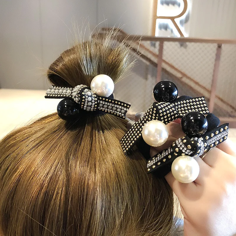 Retro light luxury black and white pearl head rope hair tie knotted