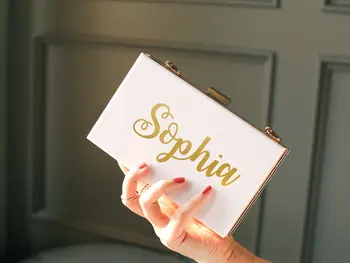 

Personalized Acrylic Purse Shoulder Bag Personalized Sticker PVC Evening Clutch Crossbody Gold Chain Wedding Bridesmaid Gift