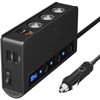 

Cigarette Lighter Splitter with 4 USB Port Car Charger Quick Charge Voltage Display LED Indicator CDEN