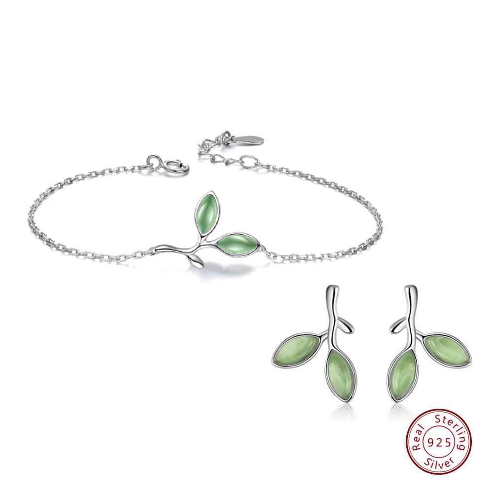 Bracelet Earring Effie queen 925 пробы Серебряные Ювелирные наборы для женщин форма зеленого листа кошачий глаз камень ожерелье/серьги/Кольцо/браслет TSS21 - Цвет камня: Bracelet Earring