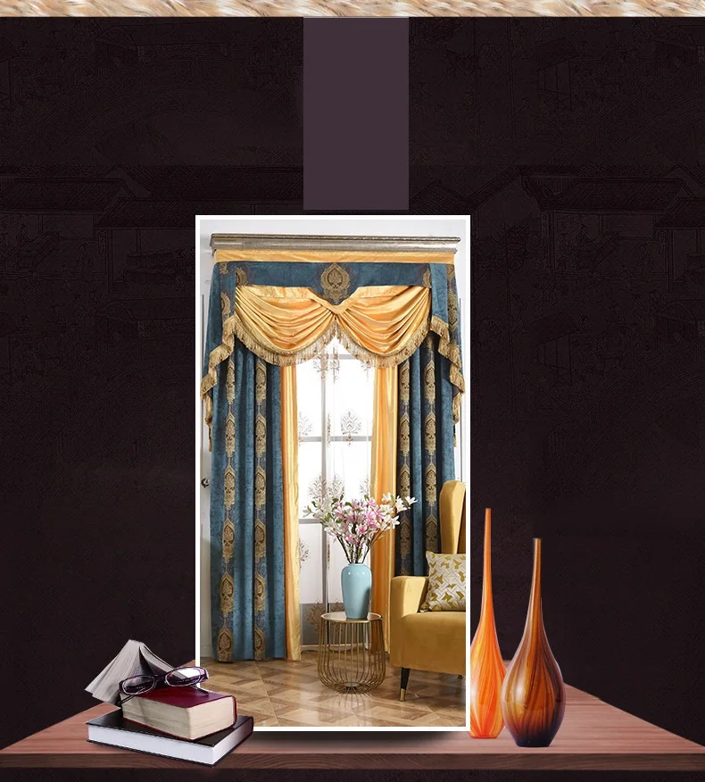 Double velvet high-grade blackout curtains for Living Room Luxury Embroidered Voile Drapes Window Curtain for Bedroom/Hotel