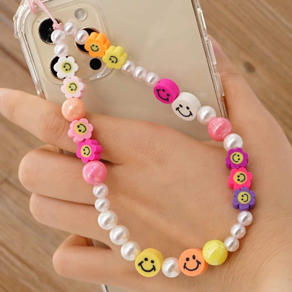 Cute Heart Mobile Phone Lanyard Smiley Phone Chains Colored Bead Straps