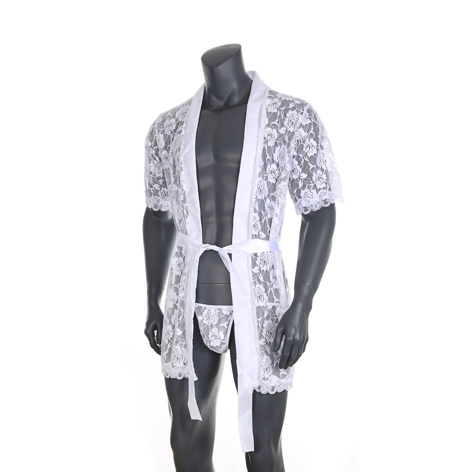 Lace Bathrobe Men Sexy Long Robe Nightwear Sleepwear Kimono Nightgown Loose Bath Gown Erotic Costume with T-back