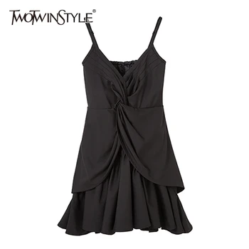 

TWOTWINSTYLE Sexy Ruched Women's Dresses V Neck Sleeveless Sling High Waist Tunic Mini Dress Female 2020 Fashion Clothing Tide
